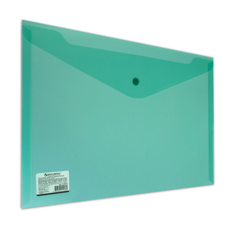 Конверт на кнопке А4 Brauberg 180мкм 100 листов прозрачный зеленый