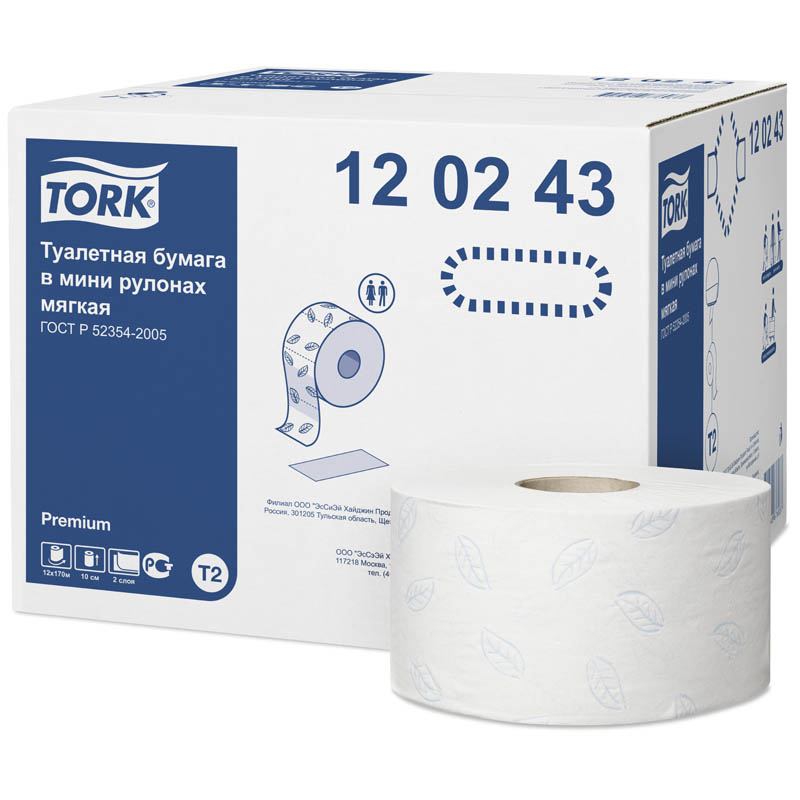 Туалетная бумага для диспенсера 170м Tork Premium Т2 2-сл мягкая тиснение белая мини-рулон 12рул/уп