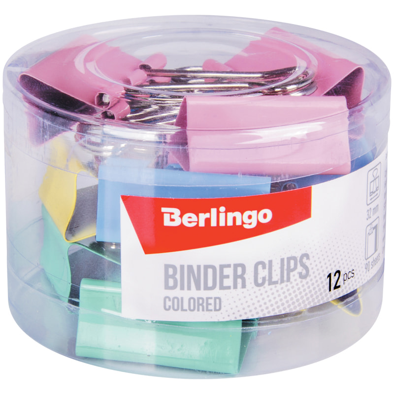 Зажим 32мм для бумаг Berlingo цветные пластиковый тубус 12шт/уп/12  BC1232m