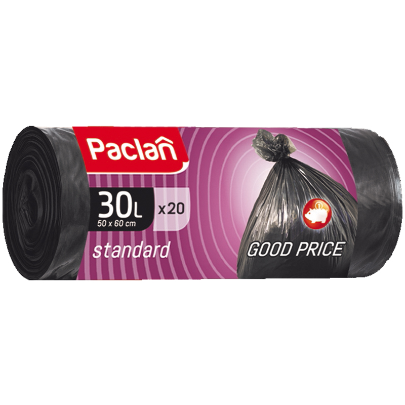 Пакет 30л для мусора (мешок) 20шт 7,3мкм ПНД 50х60 черный Paclan Standard 402100/1634