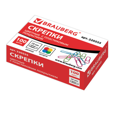 Скрепки 28мм цветн Brauberg 100шт в картонной коробке Россия