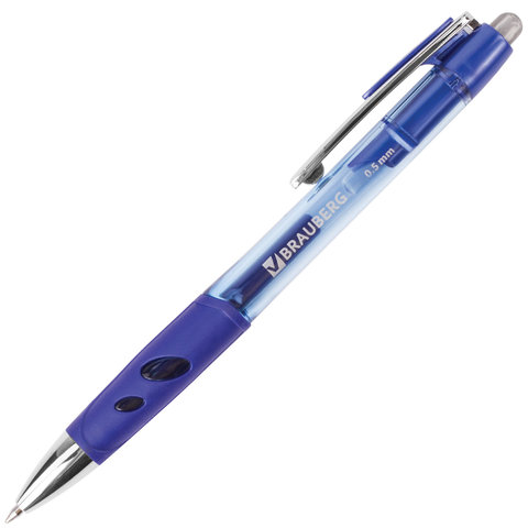 Ручка гелевая автоматическая синяя Brauberg Officer 0,5мм грип корпус тонированный синий