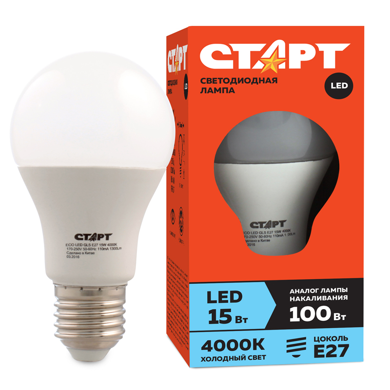 Лампа светодиодная Старт LED серия ЭКО 15W40 тип А груша E27 4000К холодный свет 15000ч