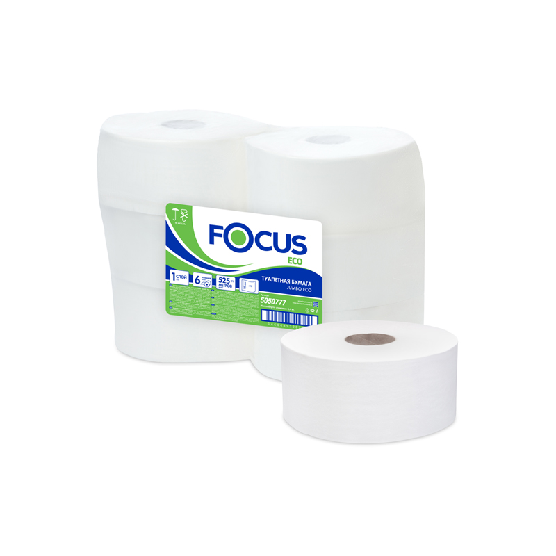 Туалетная бумага для диспенсера 525м Focus Eco Jumbo 1-сл тиснение белая 6рул/уп
