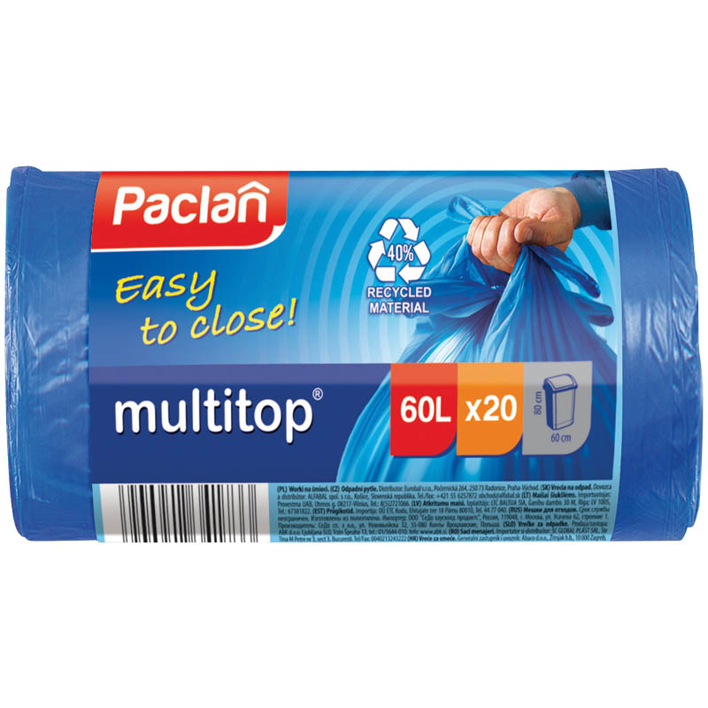 Пакет 60л для мусора (мешок) 20шт 14мкм ПВД 60х72 синий Paclan Multitop 