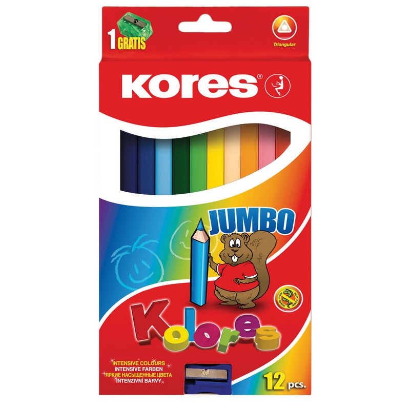 Карандаши цветные 12цв Kores Jumbo 3-гран, точилка 93512.01