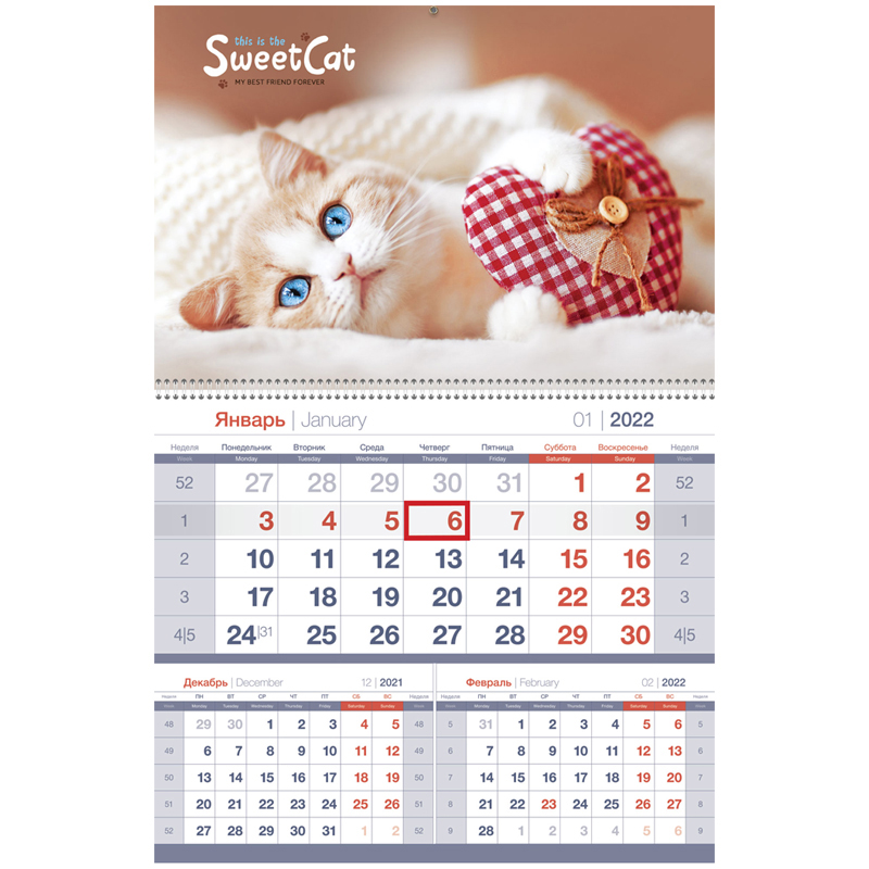 Календарь 2022г квартальный 1бл на гребне OfficeSpace Mono premium Sweet cat