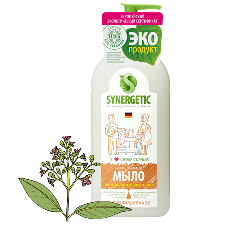 Мыло жидкое 500мл дозатор Synergetic Миндальное молочко