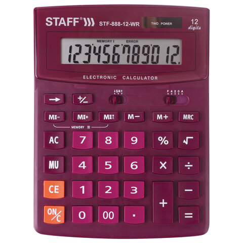 Калькулятор 12 разр Staff STF-888-12-WR 200х150мм большой двойное питание бордовый