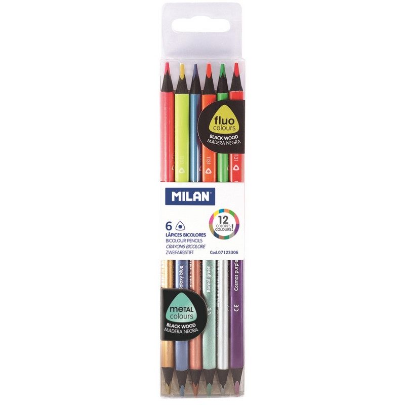 Карандаши цветные 12цв Milan Fluo-Metal 6шт двухсторонние 3-гран, 07123306