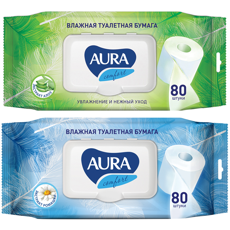 Туалетная бумага влажная Aura Ultra Comfort алоэ и ромашка без спирта ассорти 80шт/уп