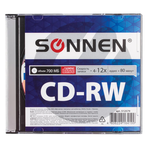 Диск CD-RW Sonnen 700 Mb 4-12x Slim Case 1шт 