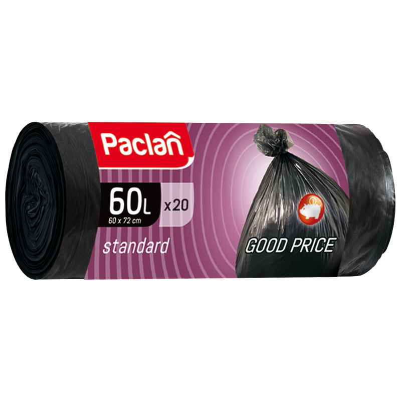 Пакет 60л для мусора (мешок) 20шт 7,4мкм ПНД 60х72 черный Paclan Standard 