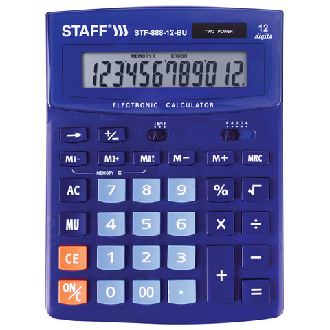 Калькулятор 12 разр Staff STF-888-12-BU 200х150мм большой двойное питание синий