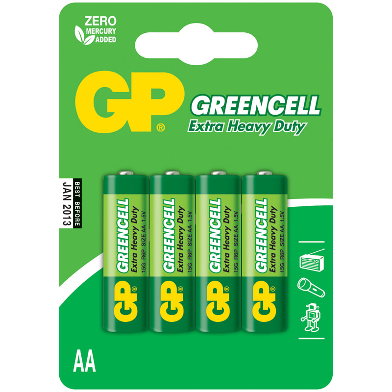 Батарейка LR06 АА (пальчиковая) GP Greencell 15S солевая BL4/4  GP 15G-2CR4