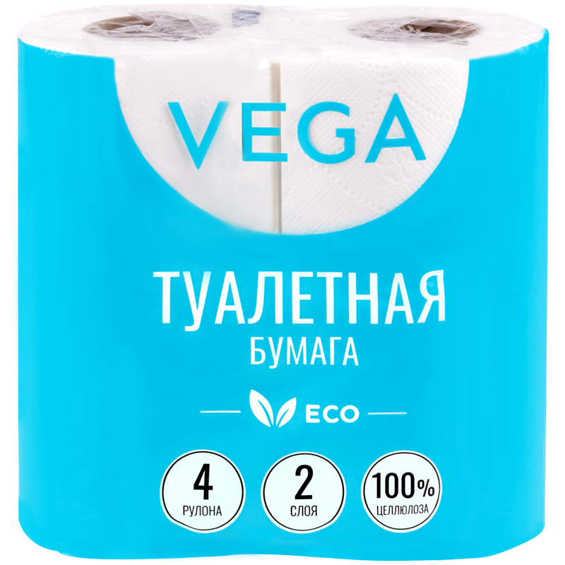 Туалетная бумага 2сл 04шт эко 15м тиснение белая 100% целлюлоза Vega