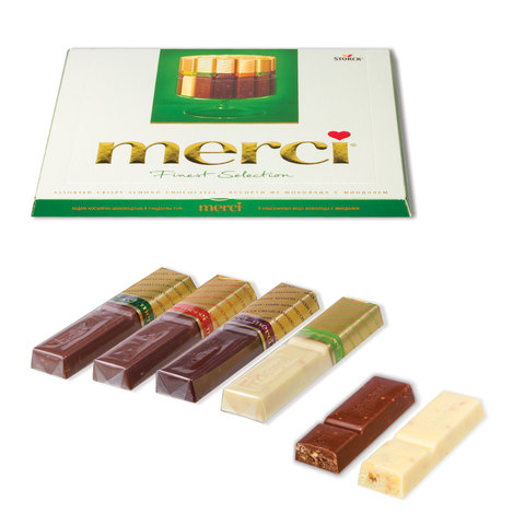 Конфеты шоколадные MERCI (Мерси), ассорти из шоколада с миндалем, 250 г, картонная коробка