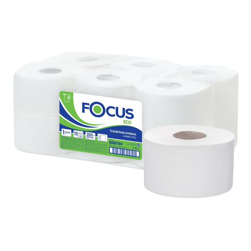 Туалетная бумага для диспенсера 200м Focus Eco Jumbo 1-сл тиснение белая 12рул/уп