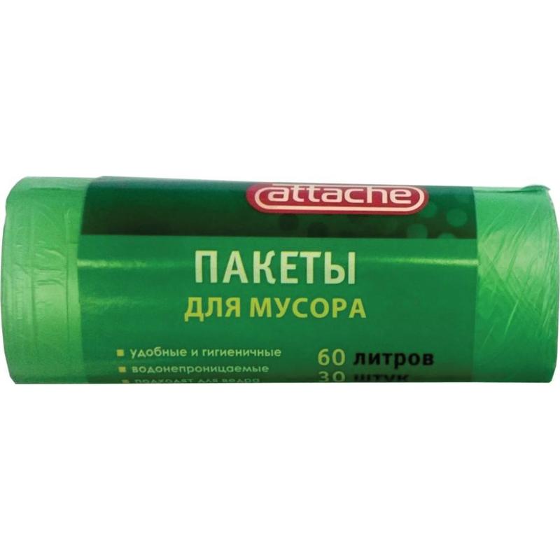 Пакет 60л для мусора (мешок) 30шт 10мкм ПНД Attache зелен/30