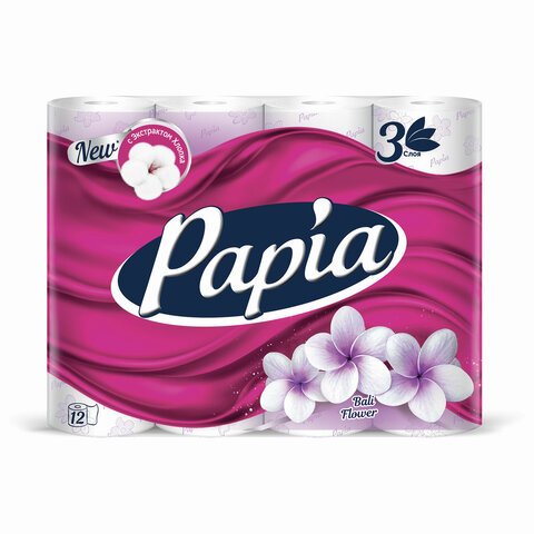 Туалетная бумага 12шт Papia Балийский цветок 16,8м 3-сл тиснение белая втулка 