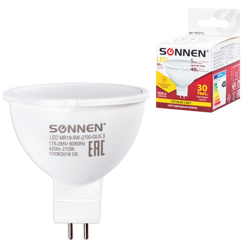 Лампа светодиодная SONNEN, 5 (40) Вт, цоколь GU5.3, теплый белый свет, 30000 ч, LED MR16-5W-2700-GU5