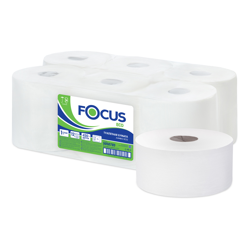Туалетная бумага для диспенсера 450м Focus Eco Jumbo 1-сл тиснение белая 12рул/уп