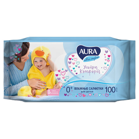 Салфетки влажные 100шт Aura Ultra comfort детские универсальные очищающие без спирта