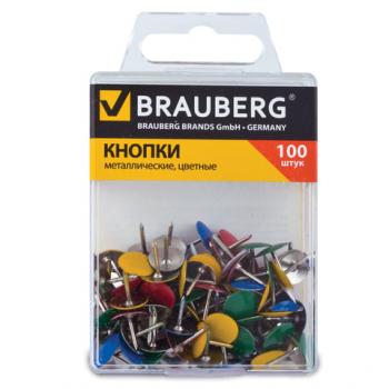 Кнопки канцелярские 100шт/уп Brauberg 10мм металл цветные пластик коробка 