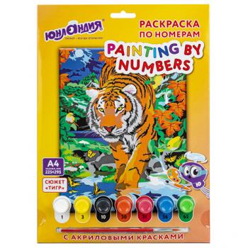 Раскраска по номерам А4 Юнландия Тигр с акриловыми красками на картоне кисть