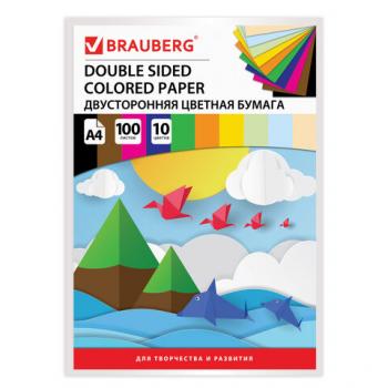 Бумага цветная двусторонняя А4 100л 10цв Brauberg тонированная склейка 80г/м2 