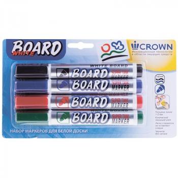 Маркер для белых досок Набор 3мм Crown "Multi Board" пулевидный 4цв/уп